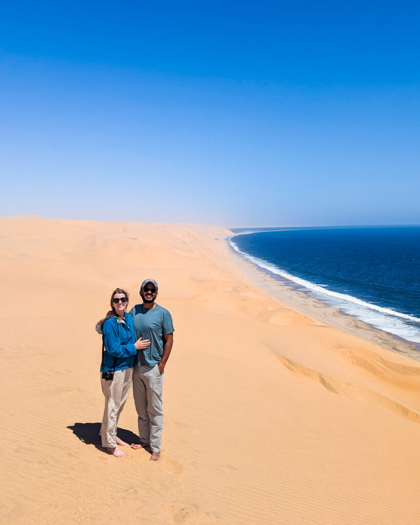 Katie and Bhavik at Sandwich Harbour in Namibai